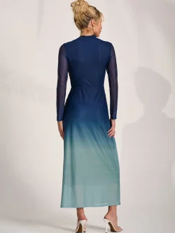 Jolie Moi Mesh Dresses|Long Sleeved Dresses-Petite Long Sleeve Mesh Maxi Dress, Green Multi