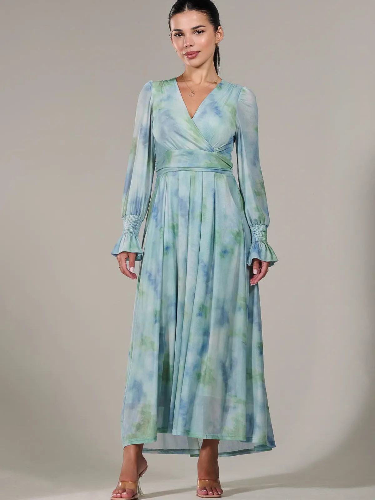 Jolie Moi Occasion Dresses|Long Sleeved Dresses-Petite Long Sleeve Mesh Maxi Dress, Green Multi