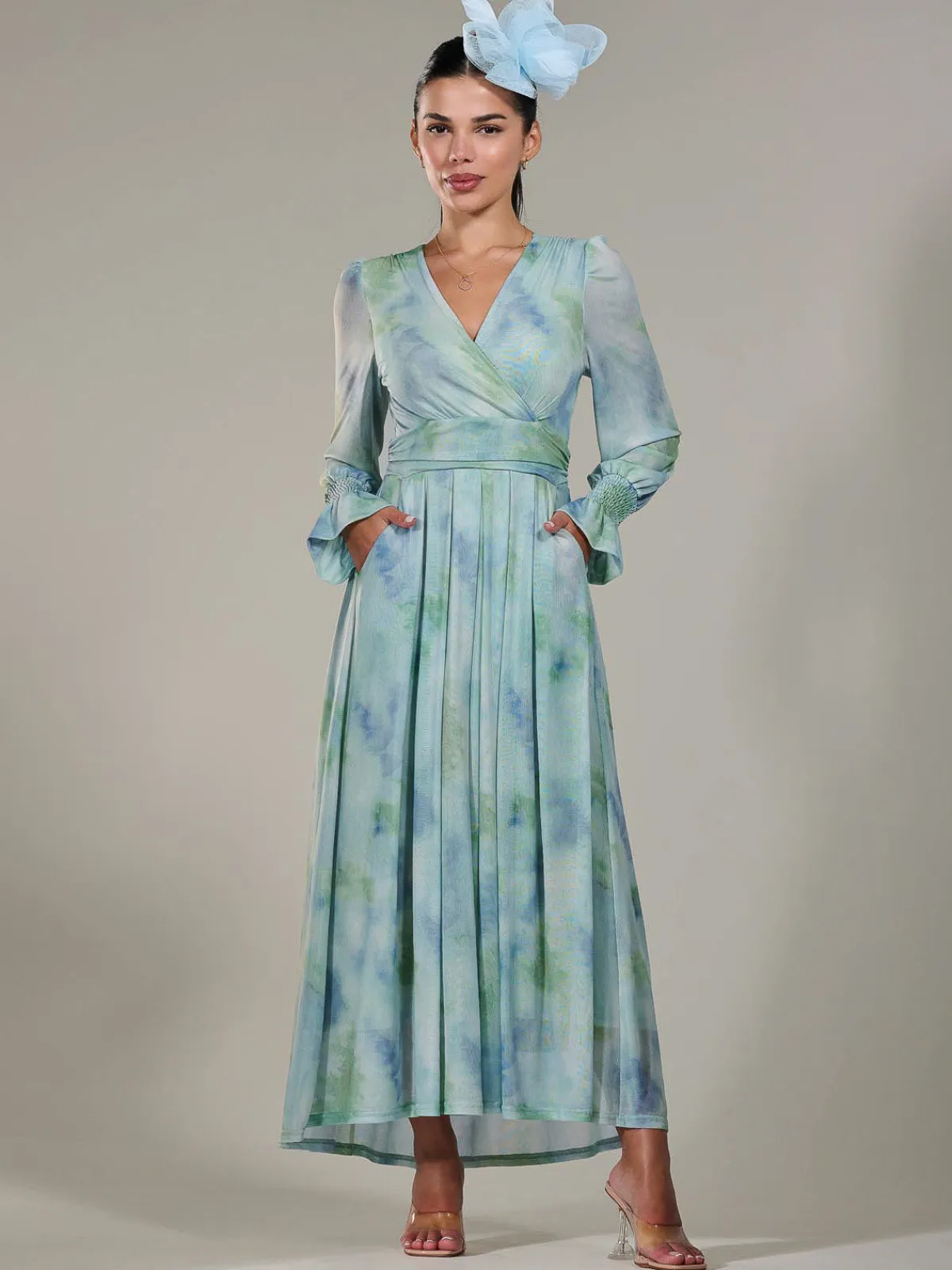 Jolie Moi Occasion Dresses|Long Sleeved Dresses-Petite Long Sleeve Mesh Maxi Dress, Green Multi