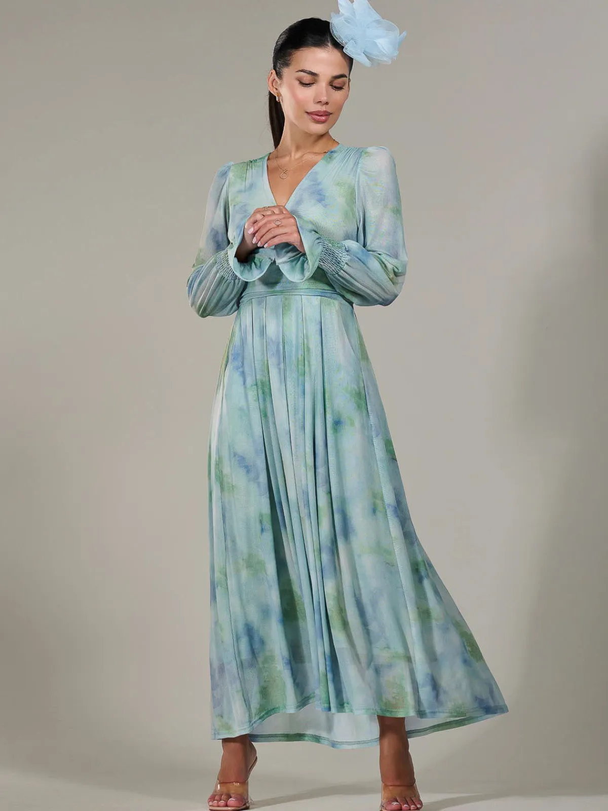 Jolie Moi Occasion Dresses|Long Sleeved Dresses-Petite Long Sleeve Mesh Maxi Dress, Green Multi