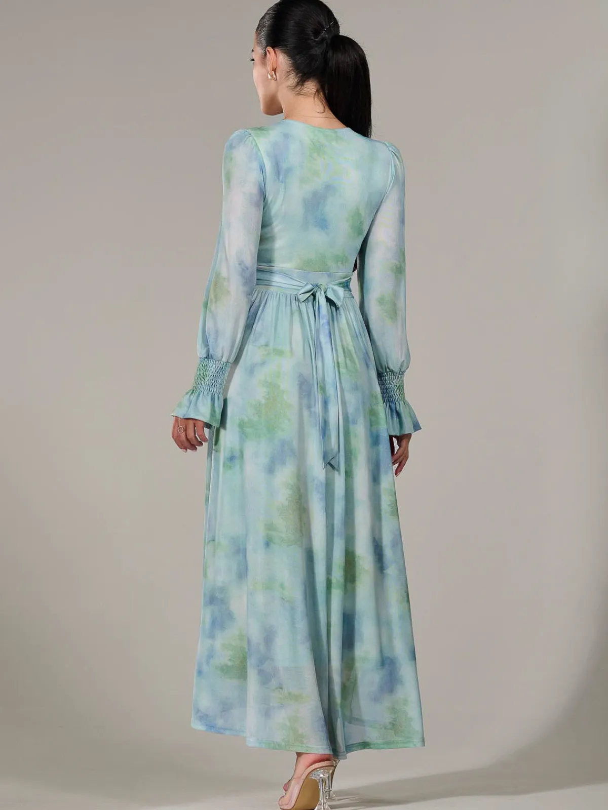 Jolie Moi Occasion Dresses|Long Sleeved Dresses-Petite Long Sleeve Mesh Maxi Dress, Green Multi