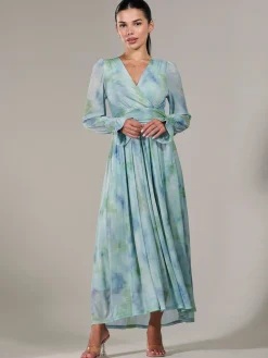 Jolie Moi Occasion Dresses|Long Sleeved Dresses-Petite Long Sleeve Mesh Maxi Dress, Green Multi