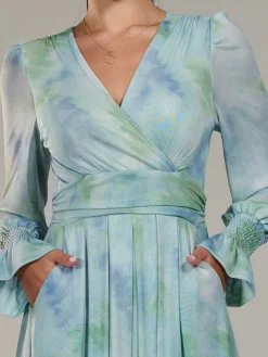 Jolie Moi Occasion Dresses|Long Sleeved Dresses-Petite Long Sleeve Mesh Maxi Dress, Green Multi