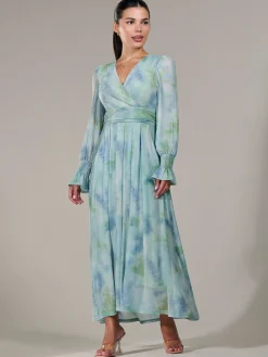 Jolie Moi Occasion Dresses|Long Sleeved Dresses-Petite Long Sleeve Mesh Maxi Dress, Green Multi