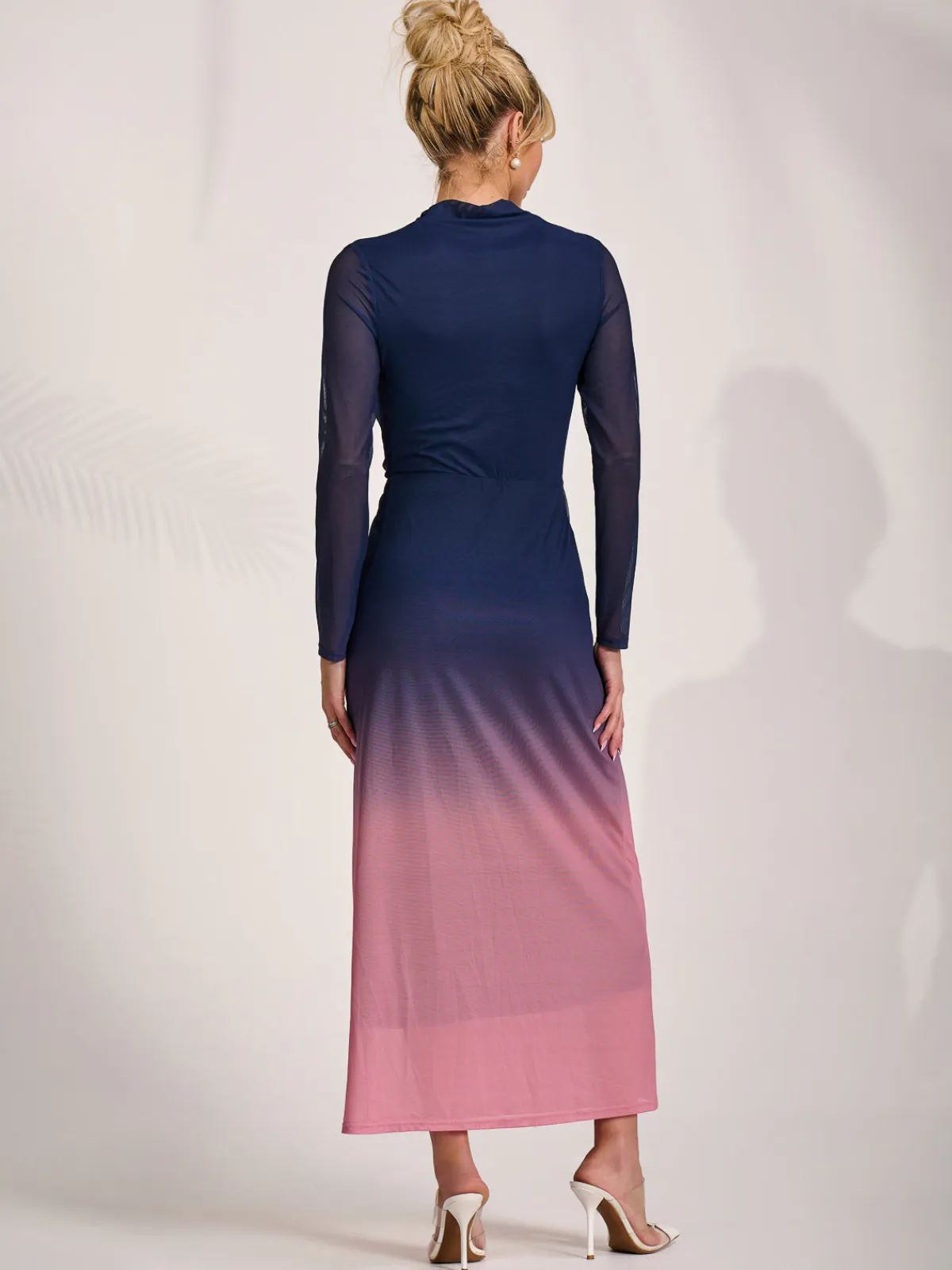 Jolie Moi Occasion Dresses|Mesh Dresses-Petite Long Sleeve Mesh Maxi Dress, Pink Multi