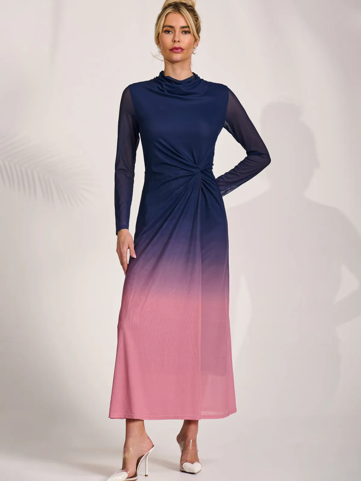 Jolie Moi Occasion Dresses|Mesh Dresses-Petite Long Sleeve Mesh Maxi Dress, Pink Multi