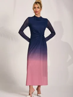 Jolie Moi Occasion Dresses|Mesh Dresses-Petite Long Sleeve Mesh Maxi Dress, Pink Multi