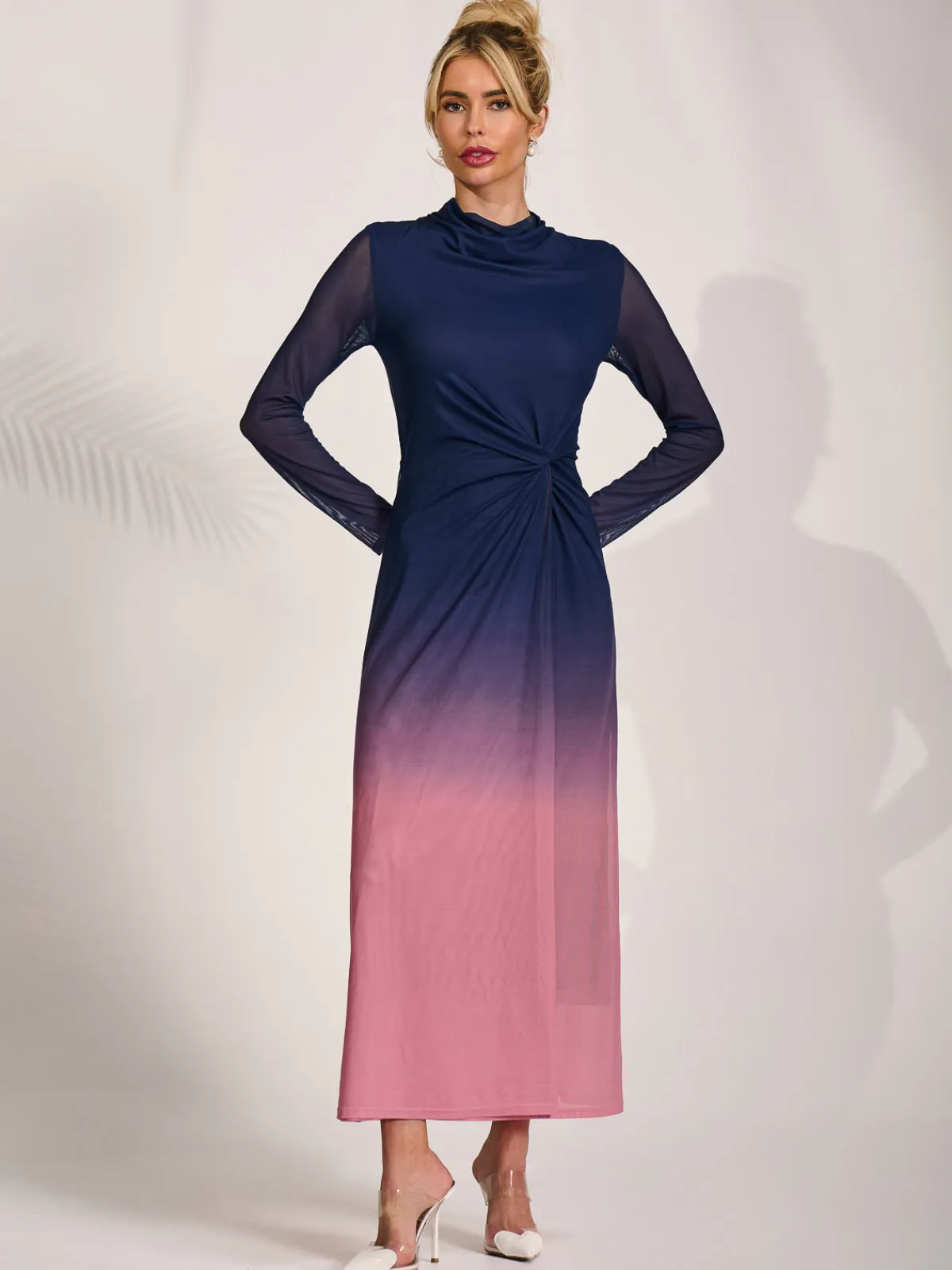 Jolie Moi Occasion Dresses|Mesh Dresses-Petite Long Sleeve Mesh Maxi Dress, Pink Multi