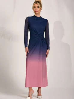 Jolie Moi Occasion Dresses|Mesh Dresses-Petite Long Sleeve Mesh Maxi Dress, Pink Multi