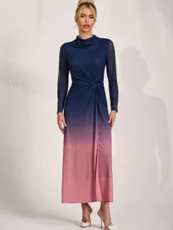Jolie Moi Occasion Dresses|Mesh Dresses-Petite Long Sleeve Mesh Maxi Dress, Pink Multi