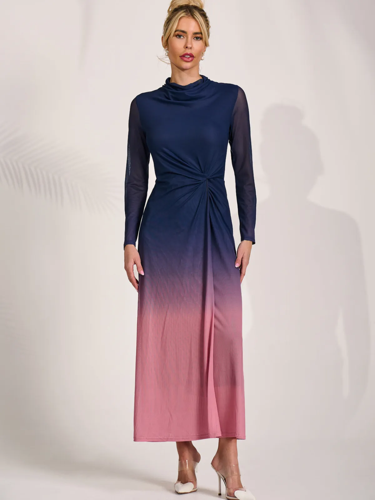 Jolie Moi Occasion Dresses|Mesh Dresses-Petite Long Sleeve Mesh Maxi Dress, Pink Multi