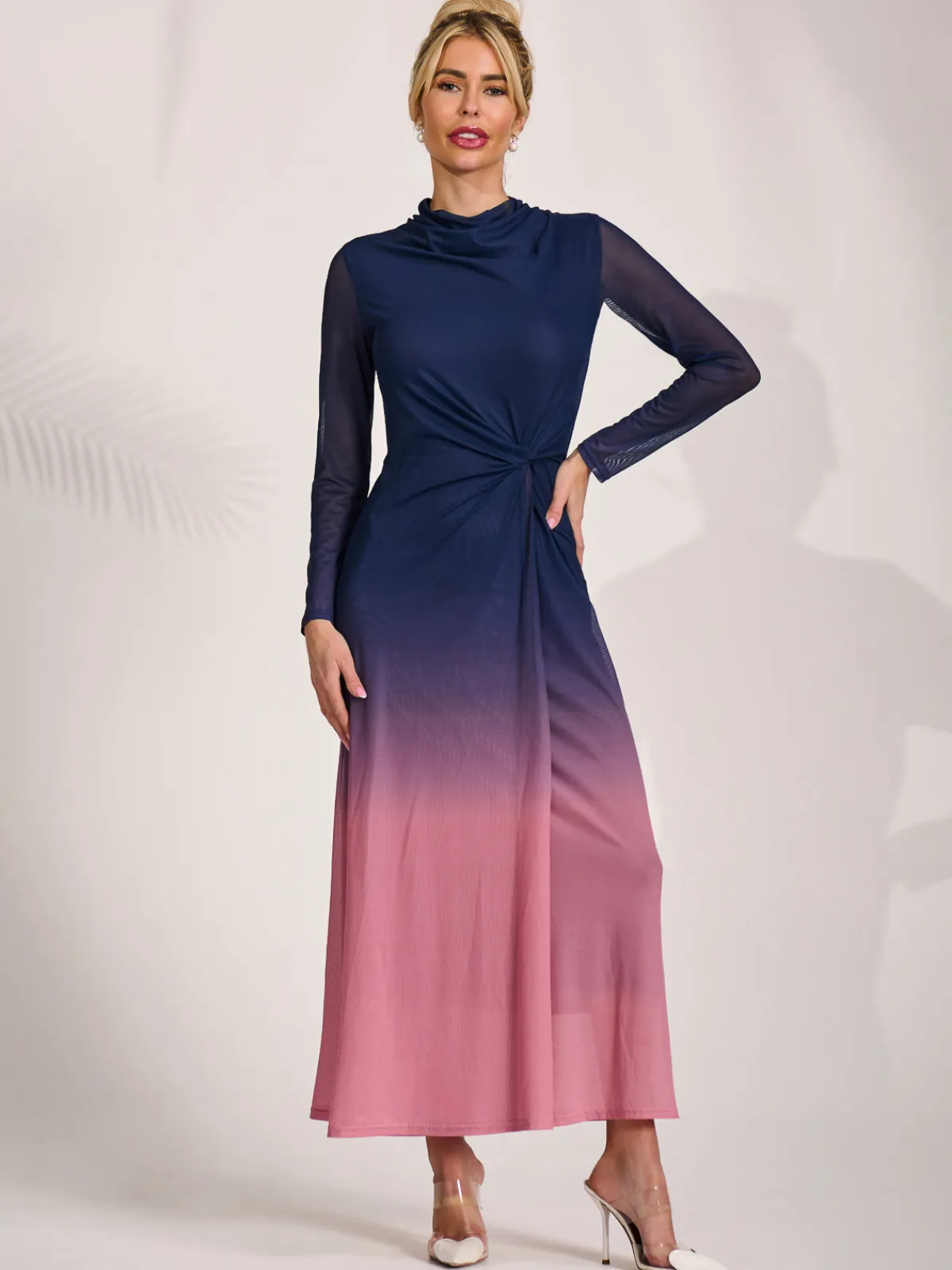 Jolie Moi Occasion Dresses|Mesh Dresses-Petite Long Sleeve Mesh Maxi Dress, Pink Multi