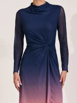 Jolie Moi Occasion Dresses|Mesh Dresses-Petite Long Sleeve Mesh Maxi Dress, Pink Multi