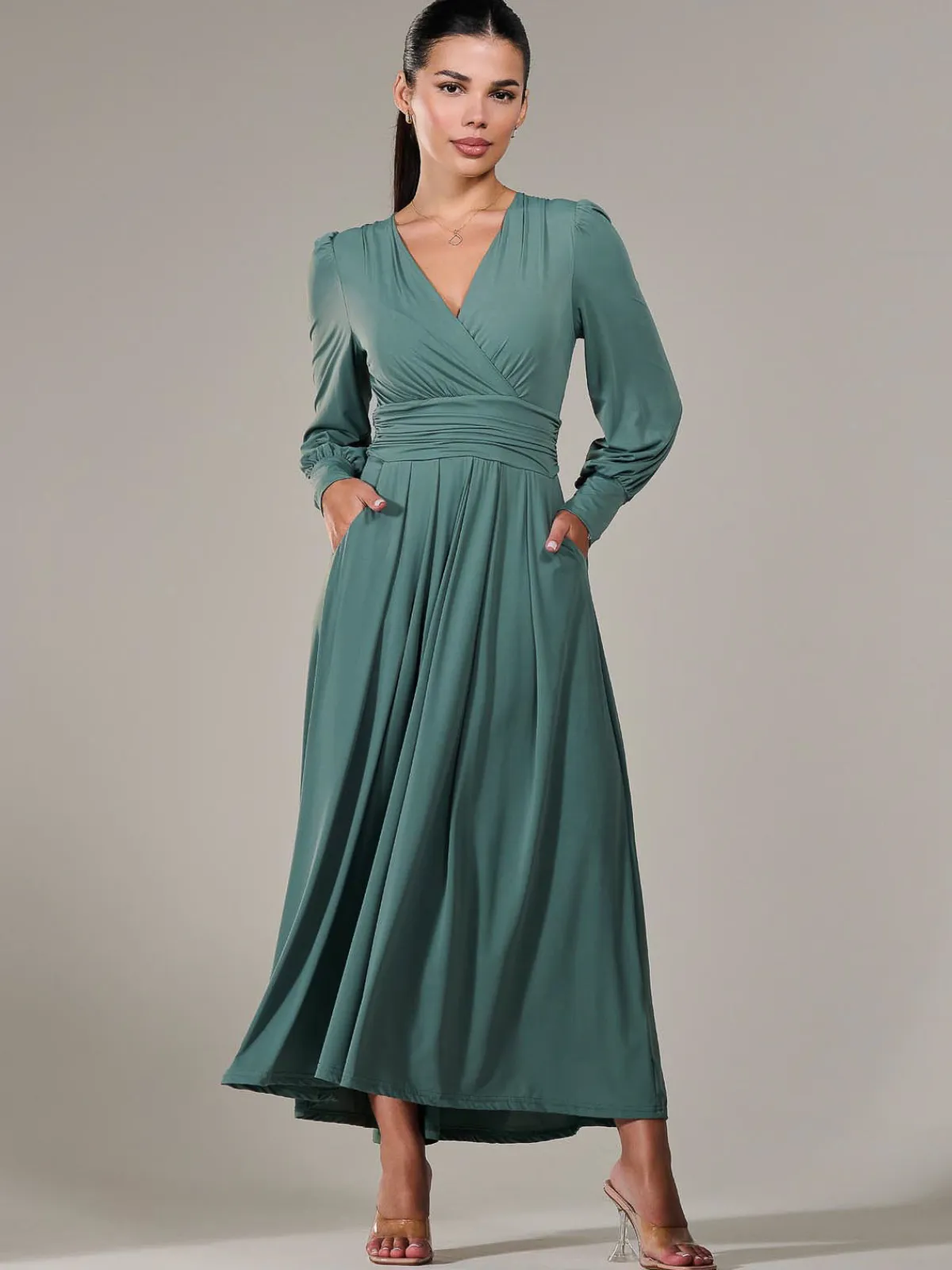 Jolie Moi Occasion Dresses|Long Sleeved Dresses-Petite Long Sleeve Soft Silky Jersey Maxi Dress, Green