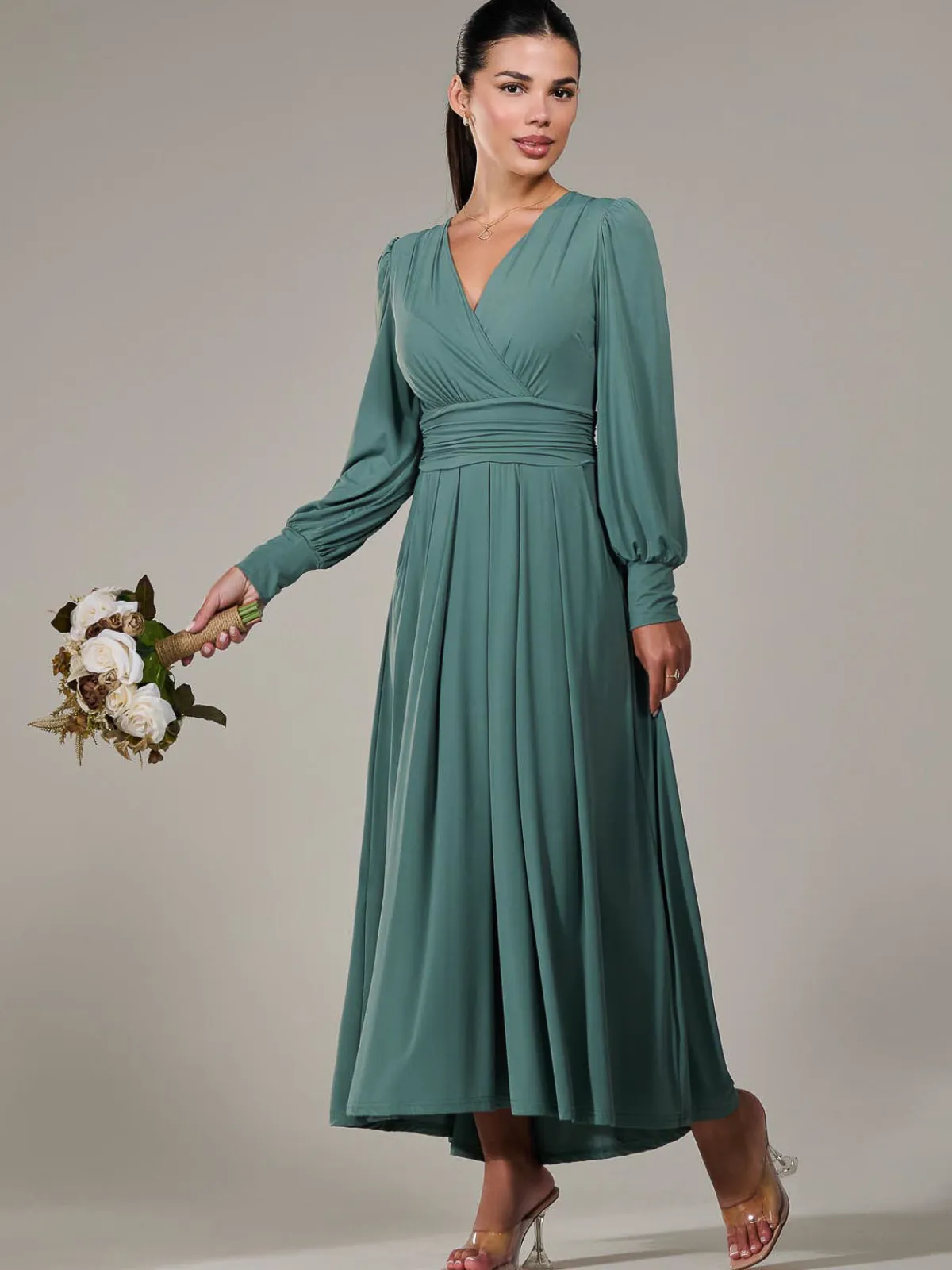 Jolie Moi Occasion Dresses|Long Sleeved Dresses-Petite Long Sleeve Soft Silky Jersey Maxi Dress, Green