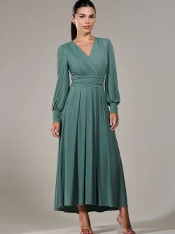 Jolie Moi Occasion Dresses|Long Sleeved Dresses-Petite Long Sleeve Soft Silky Jersey Maxi Dress, Green