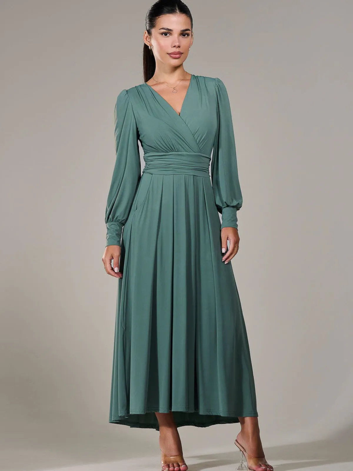 Jolie Moi Occasion Dresses|Long Sleeved Dresses-Petite Long Sleeve Soft Silky Jersey Maxi Dress, Green
