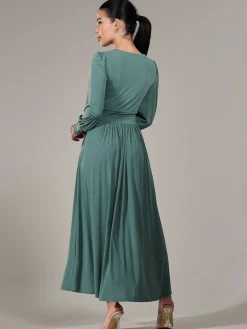 Jolie Moi Occasion Dresses|Long Sleeved Dresses-Petite Long Sleeve Soft Silky Jersey Maxi Dress, Green