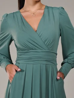 Jolie Moi Occasion Dresses|Long Sleeved Dresses-Petite Long Sleeve Soft Silky Jersey Maxi Dress, Green