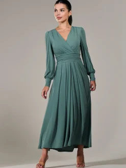 Jolie Moi Occasion Dresses|Long Sleeved Dresses-Petite Long Sleeve Soft Silky Jersey Maxi Dress, Green