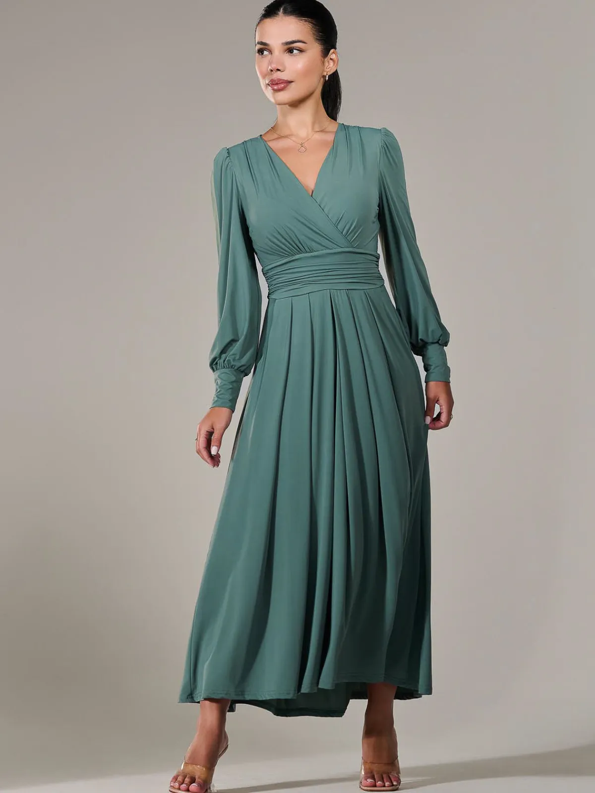 Jolie Moi Occasion Dresses|Long Sleeved Dresses-Petite Long Sleeve Soft Silky Jersey Maxi Dress, Green