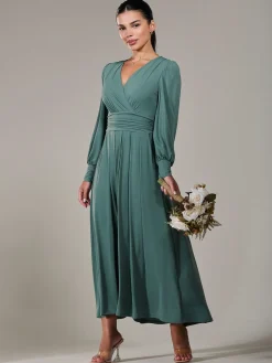 Jolie Moi Occasion Dresses|Long Sleeved Dresses-Petite Long Sleeve Soft Silky Jersey Maxi Dress, Green