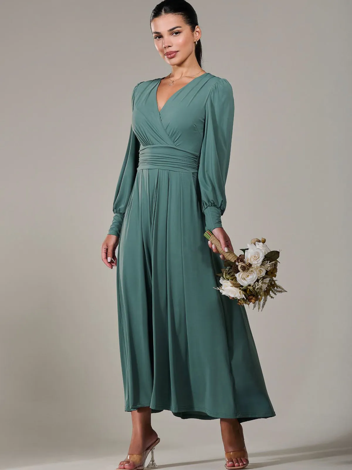 Jolie Moi Occasion Dresses|Long Sleeved Dresses-Petite Long Sleeve Soft Silky Jersey Maxi Dress, Green