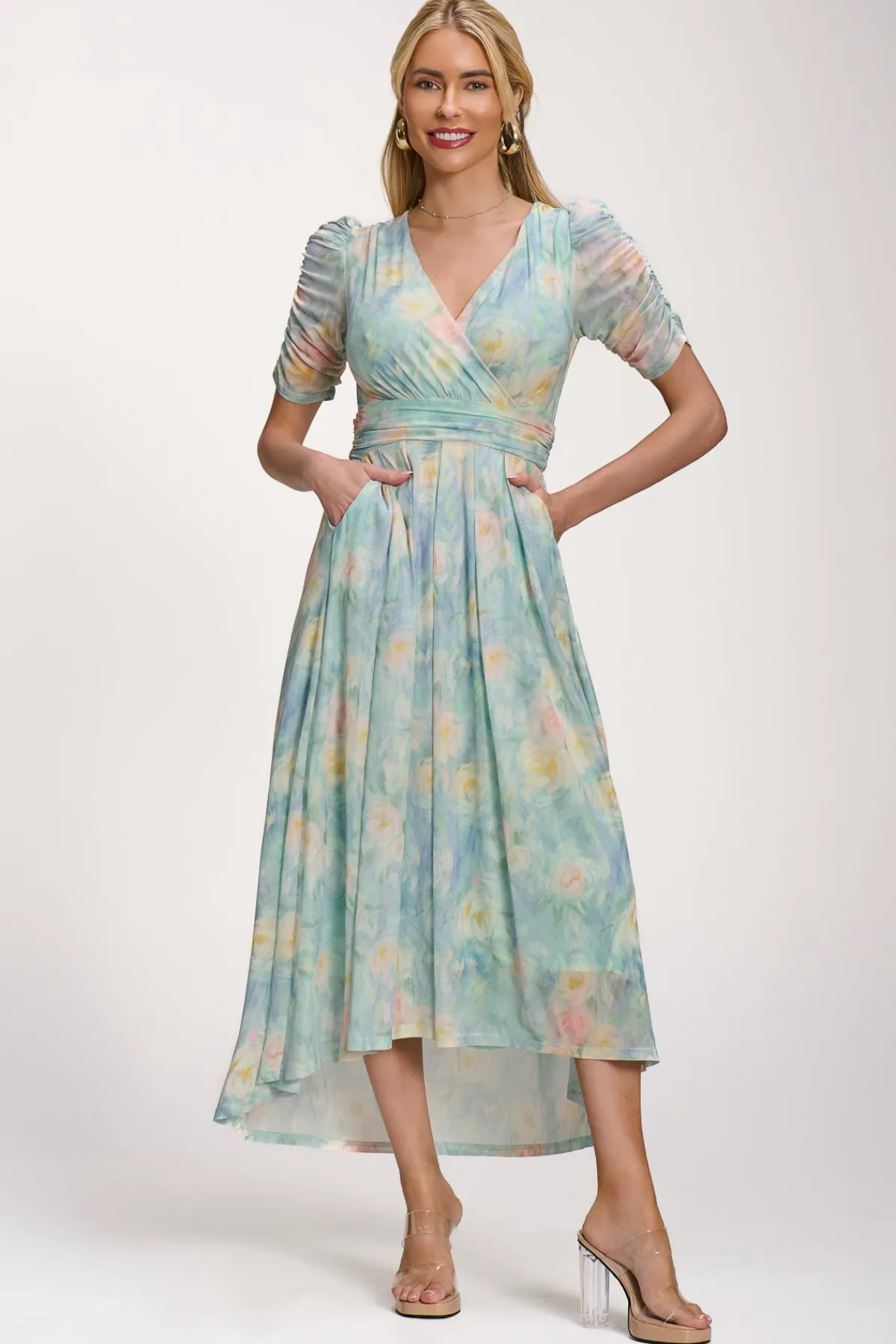 Jolie Moi Occasion Dresses|Mesh Dresses-Petite Mesh Print Dip Hem Maxi Dress, Green Multi