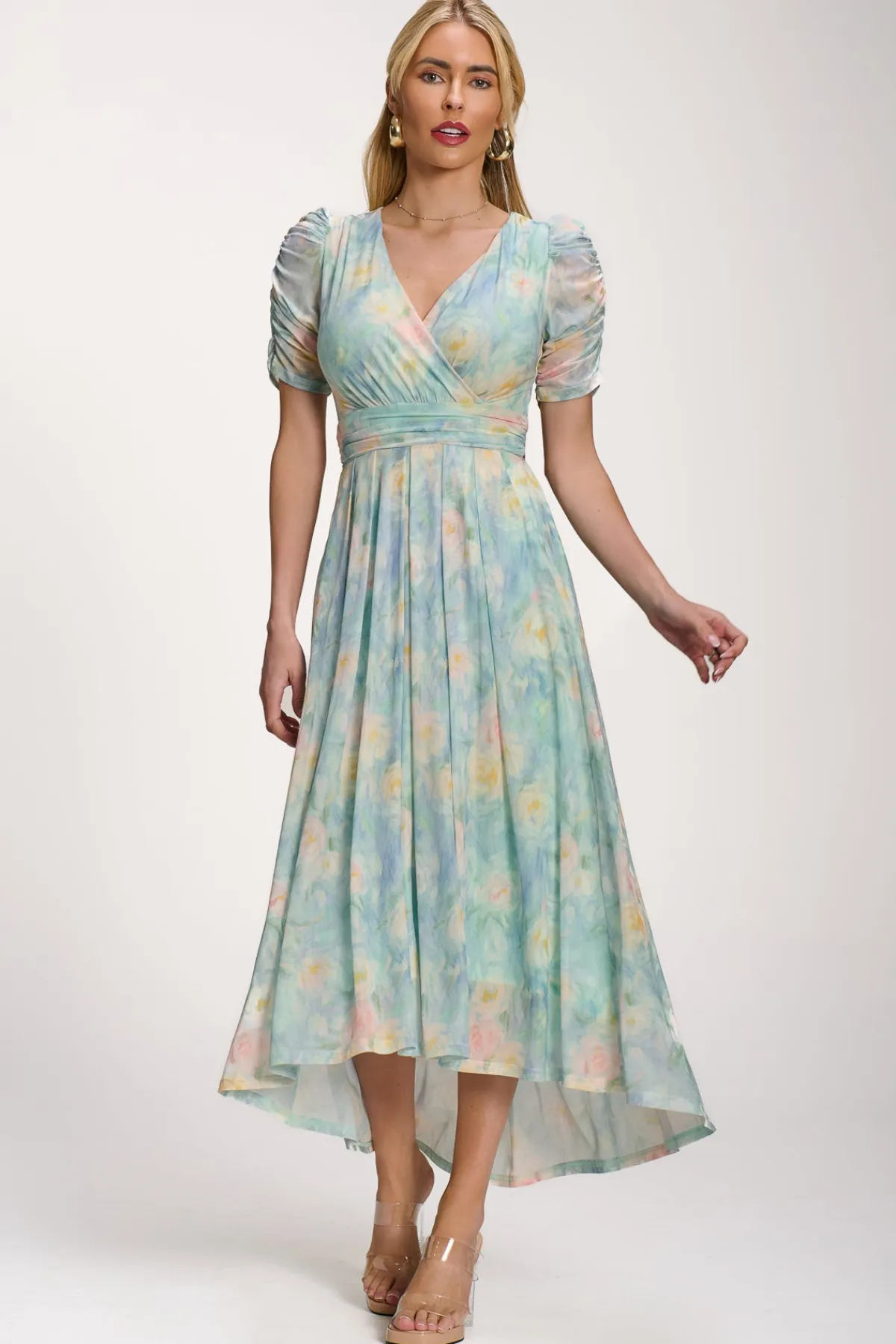 Jolie Moi Occasion Dresses|Mesh Dresses-Petite Mesh Print Dip Hem Maxi Dress, Green Multi