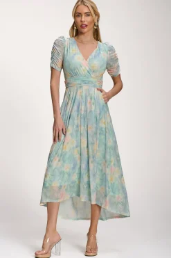Jolie Moi Occasion Dresses|Mesh Dresses-Petite Mesh Print Dip Hem Maxi Dress, Green Multi