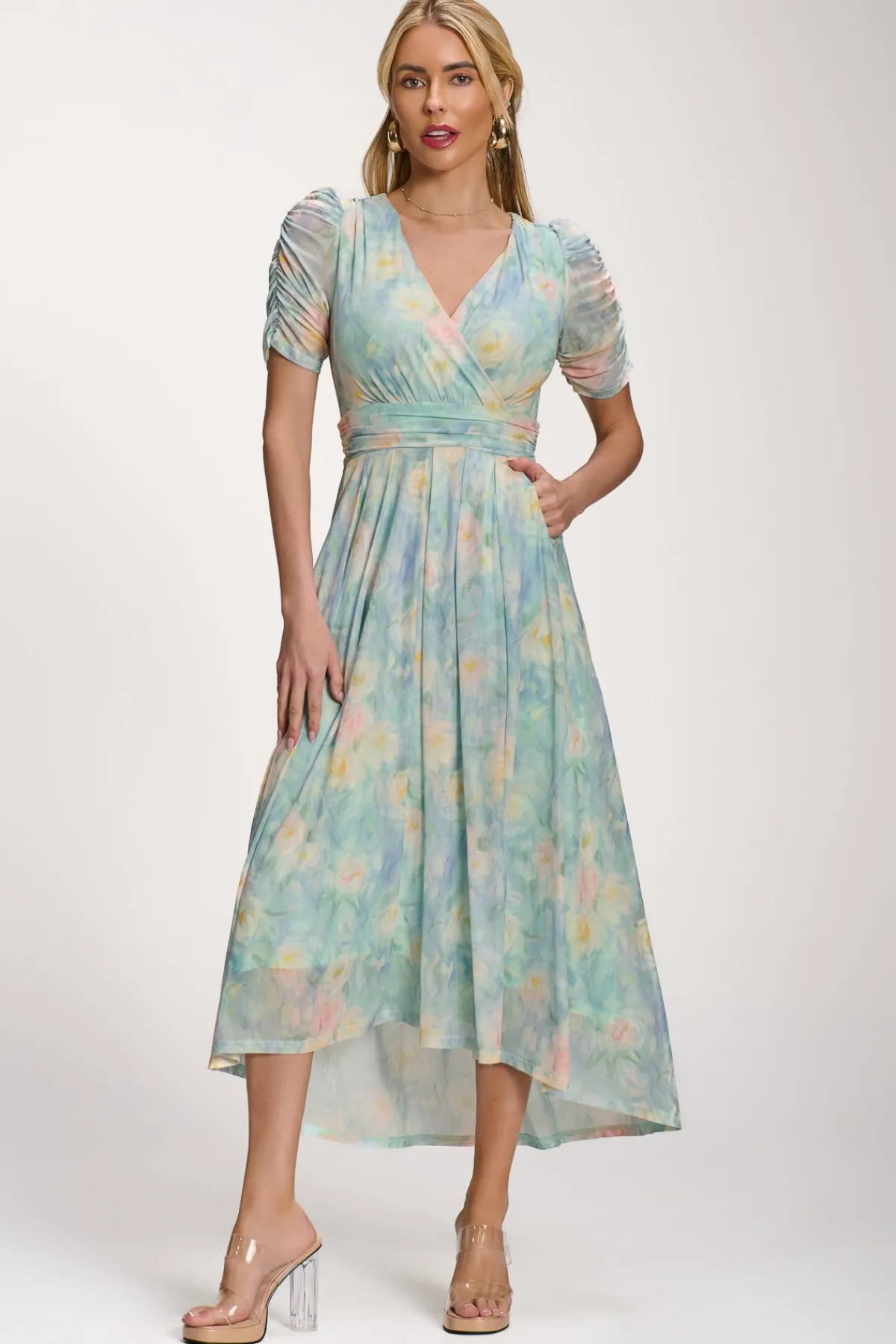 Jolie Moi Occasion Dresses|Mesh Dresses-Petite Mesh Print Dip Hem Maxi Dress, Green Multi