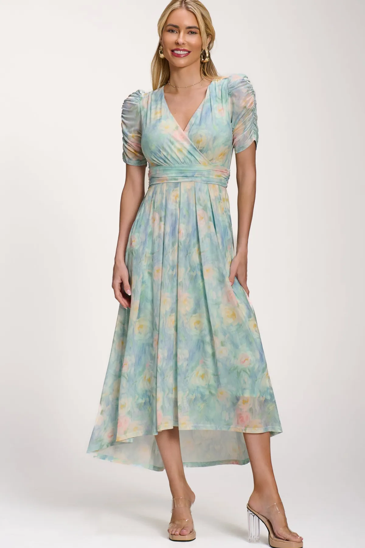 Jolie Moi Occasion Dresses|Mesh Dresses-Petite Mesh Print Dip Hem Maxi Dress, Green Multi