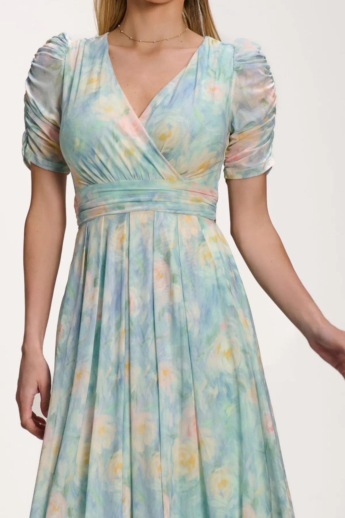 Jolie Moi Occasion Dresses|Mesh Dresses-Petite Mesh Print Dip Hem Maxi Dress, Green Multi