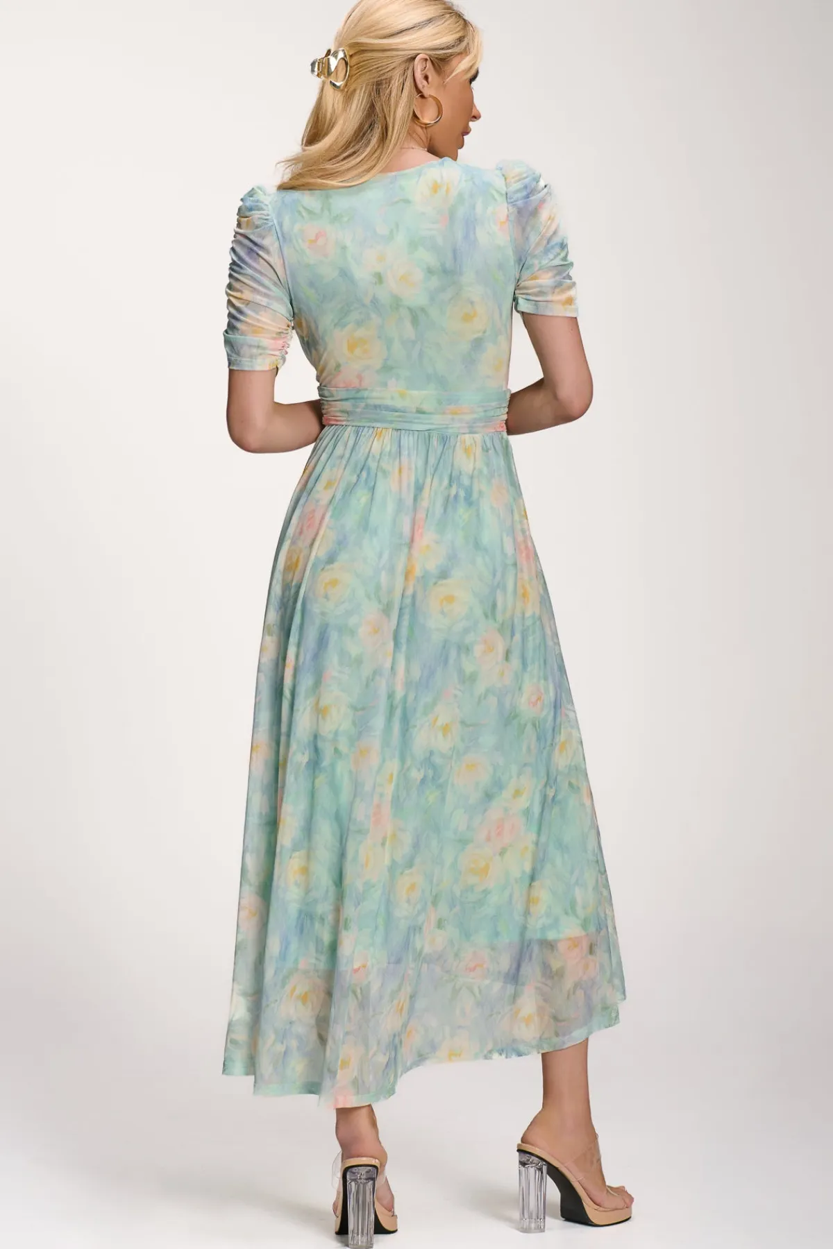 Jolie Moi Occasion Dresses|Mesh Dresses-Petite Mesh Print Dip Hem Maxi Dress, Green Multi