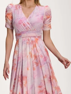 Jolie Moi Party Dresses|Maxi Dresses-Petite Mesh Print Dip Hem Maxi Dress, Purple Multi