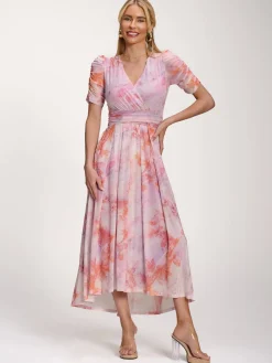 Jolie Moi Party Dresses|Maxi Dresses-Petite Mesh Print Dip Hem Maxi Dress, Purple Multi