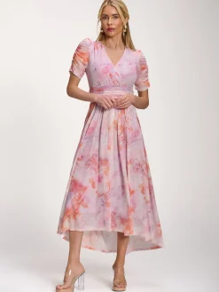Jolie Moi Party Dresses|Maxi Dresses-Petite Mesh Print Dip Hem Maxi Dress, Purple Multi