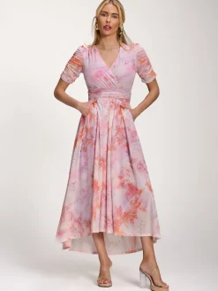 Jolie Moi Party Dresses|Maxi Dresses-Petite Mesh Print Dip Hem Maxi Dress, Purple Multi