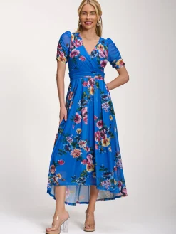 Jolie Moi Occasion Dresses|Floral Dresses-Petite Mesh Print Dip Hem Maxi Dress, Royal Blue Floral