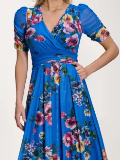 Jolie Moi Occasion Dresses|Floral Dresses-Petite Mesh Print Dip Hem Maxi Dress, Royal Blue Floral