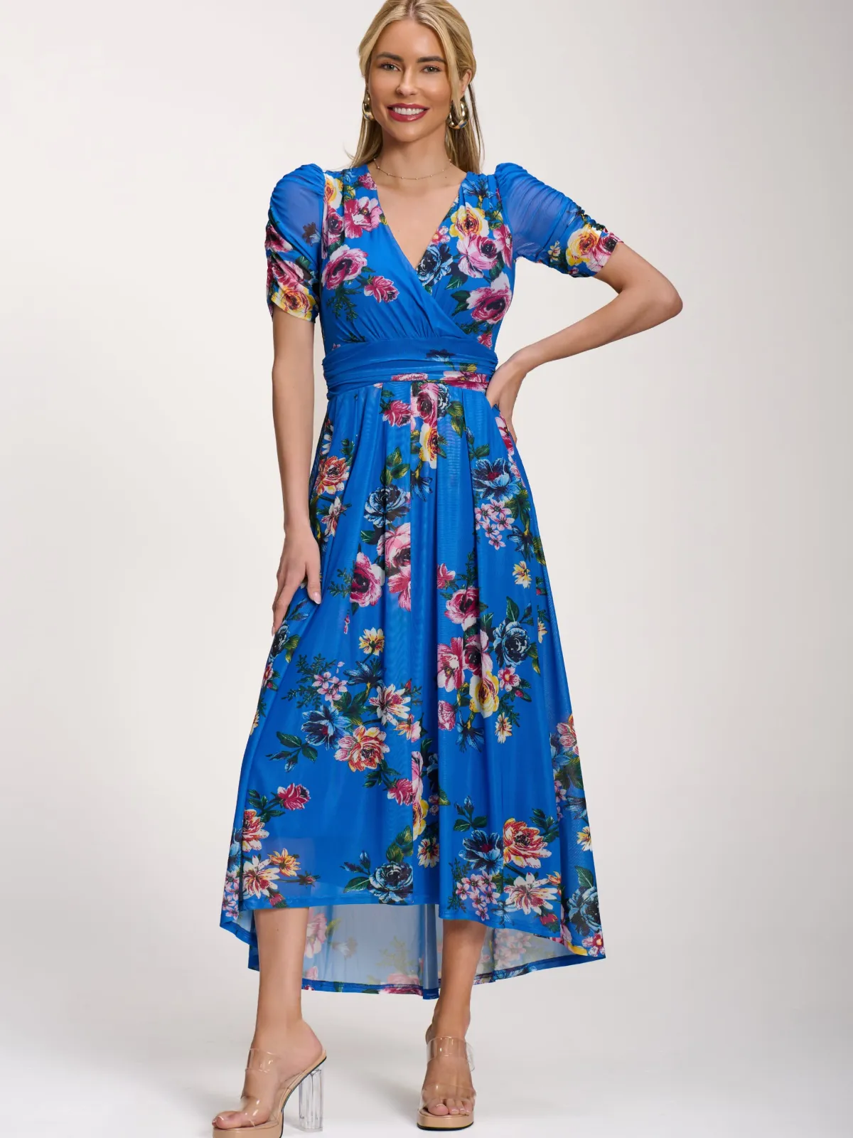 Jolie Moi Occasion Dresses|Floral Dresses-Petite Mesh Print Dip Hem Maxi Dress, Royal Blue Floral
