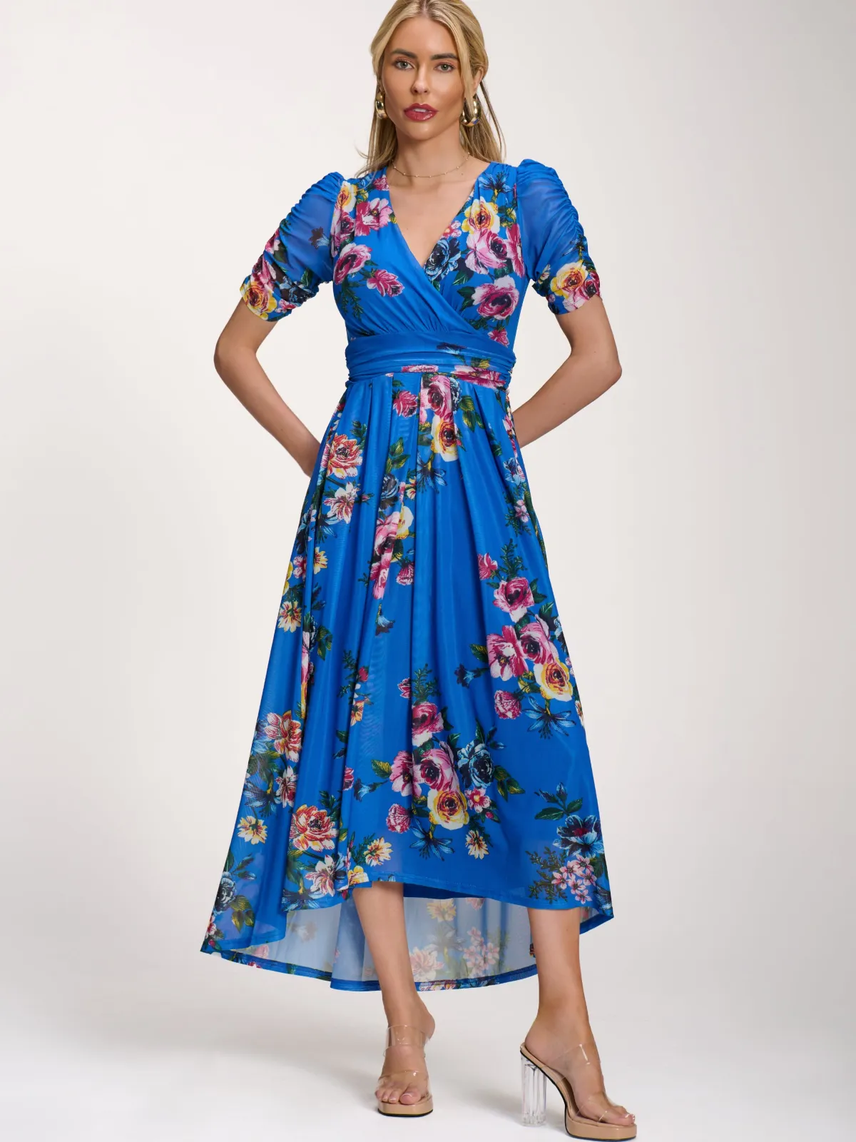 Jolie Moi Occasion Dresses|Floral Dresses-Petite Mesh Print Dip Hem Maxi Dress, Royal Blue Floral