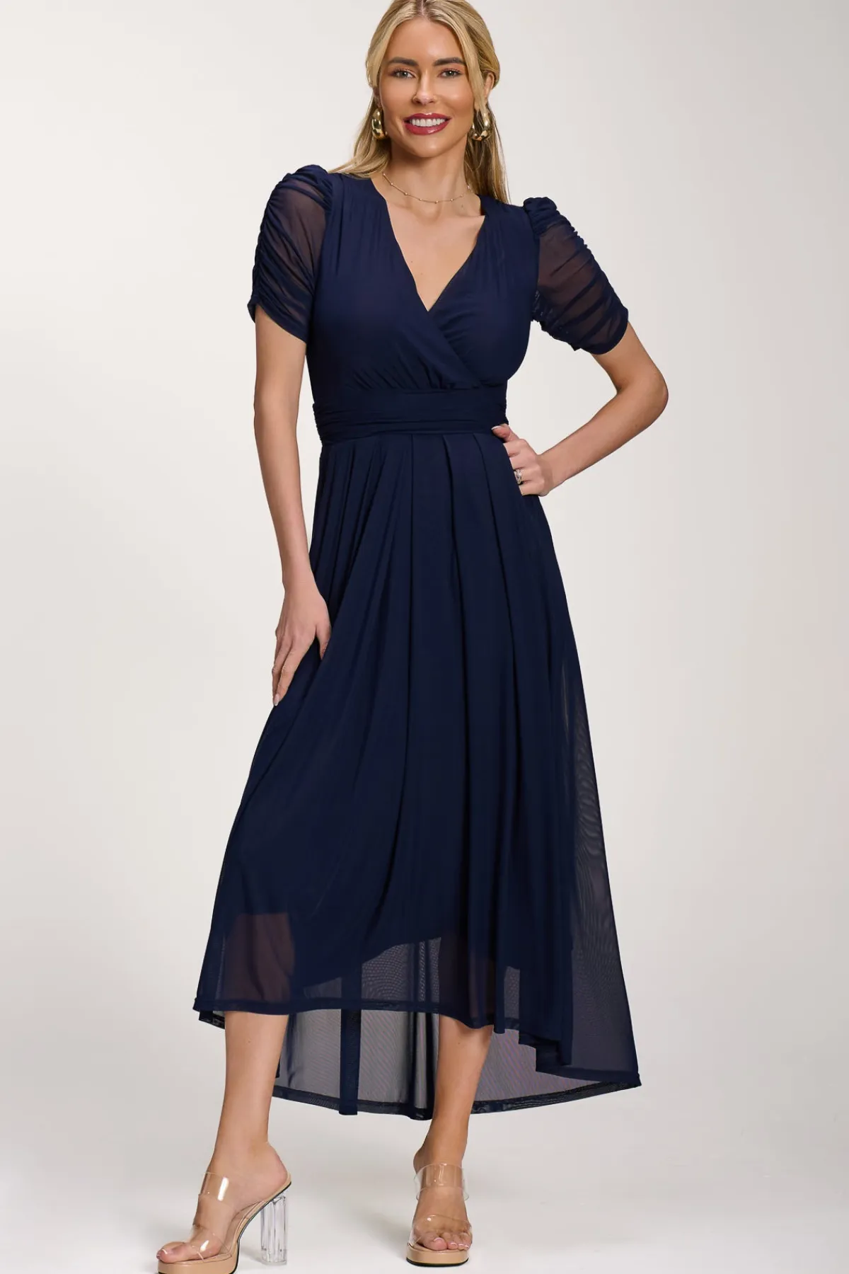 Jolie Moi Occasion Dresses|Party Dresses-Petite Mesh Ruched Sleeve Maxi Dress, Navy