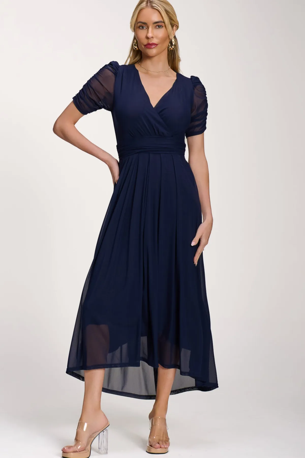 Jolie Moi Occasion Dresses|Party Dresses-Petite Mesh Ruched Sleeve Maxi Dress, Navy