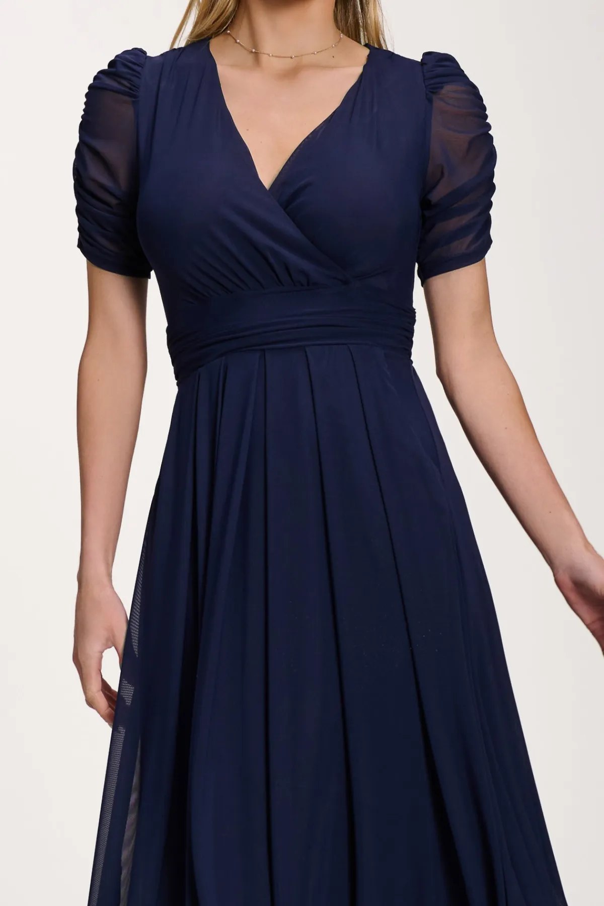 Jolie Moi Occasion Dresses|Party Dresses-Petite Mesh Ruched Sleeve Maxi Dress, Navy