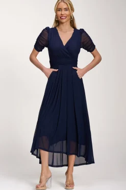 Jolie Moi Occasion Dresses|Party Dresses-Petite Mesh Ruched Sleeve Maxi Dress, Navy