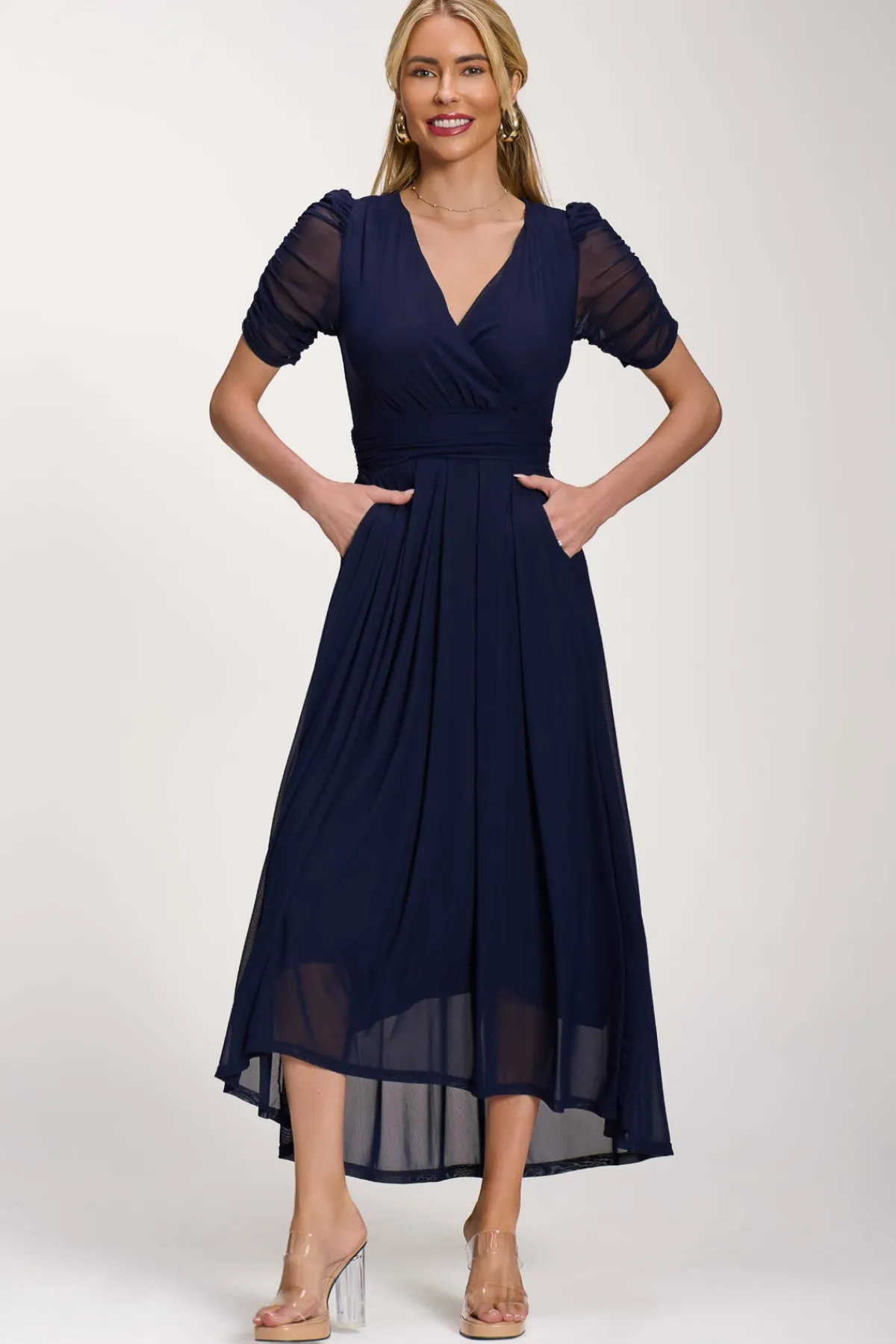 Jolie Moi Occasion Dresses|Party Dresses-Petite Mesh Ruched Sleeve Maxi Dress, Navy