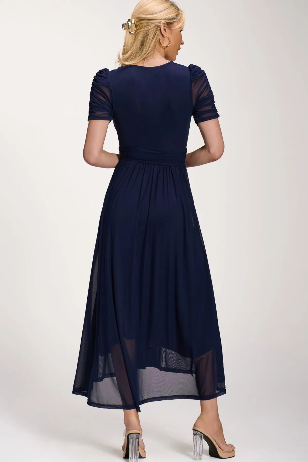 Jolie Moi Occasion Dresses|Party Dresses-Petite Mesh Ruched Sleeve Maxi Dress, Navy