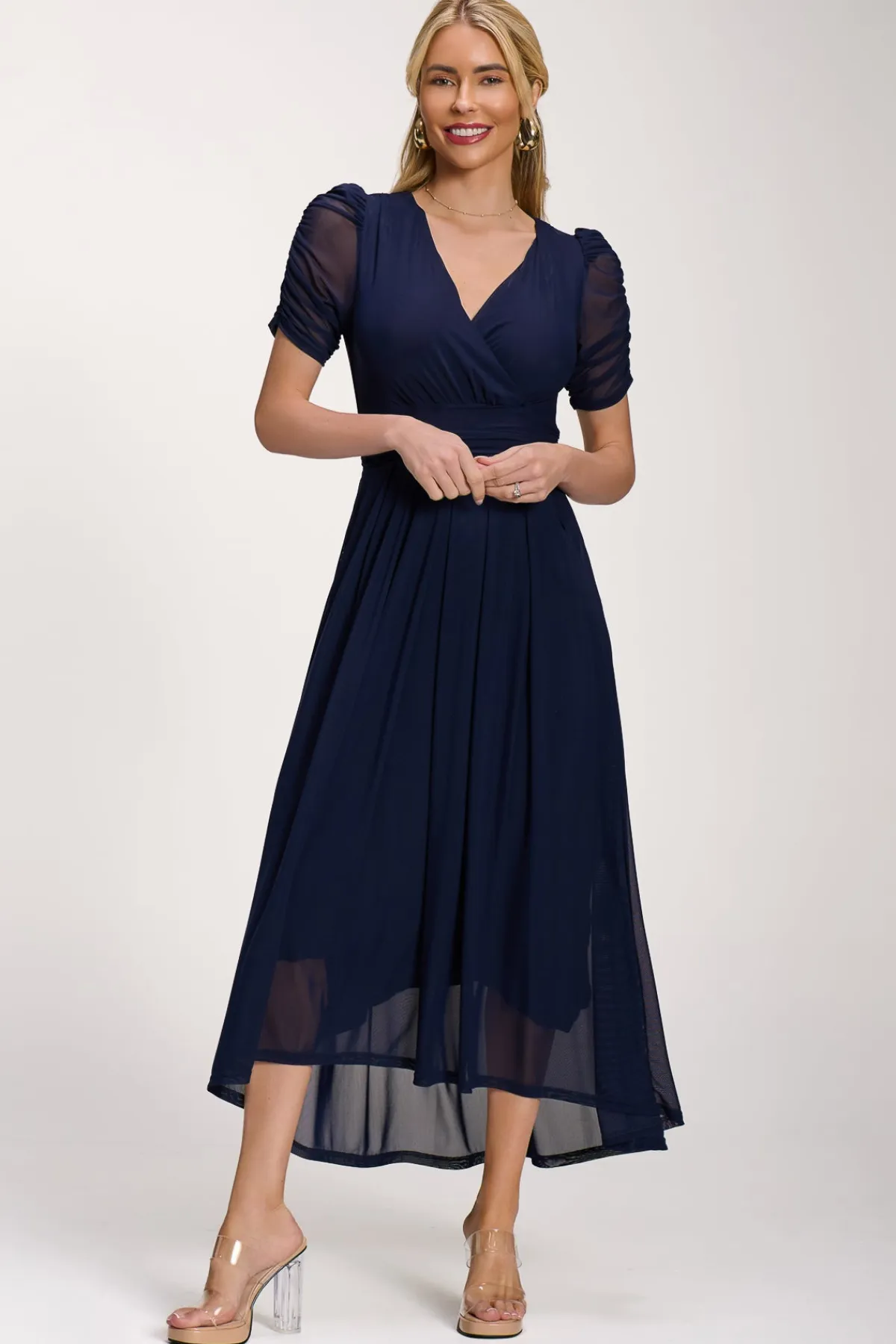 Jolie Moi Occasion Dresses|Party Dresses-Petite Mesh Ruched Sleeve Maxi Dress, Navy