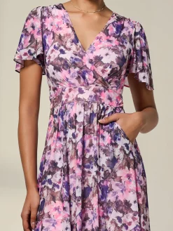 Jolie Moi Occasion Dresses|Summer Dresses-Petite Mesh Short Sleeve Wrap Midaxi Dress, Pink Abstract